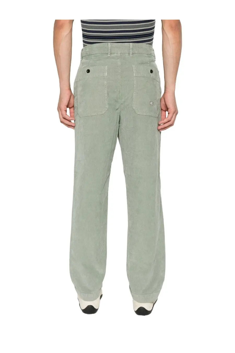 Back view of c p company men’s light green velvet chino pants with corduroy texture and flap pockets with black buttons