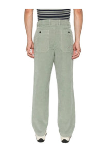 Back view of c p company men’s light green velvet chino pants with corduroy texture and flap pockets with black buttons