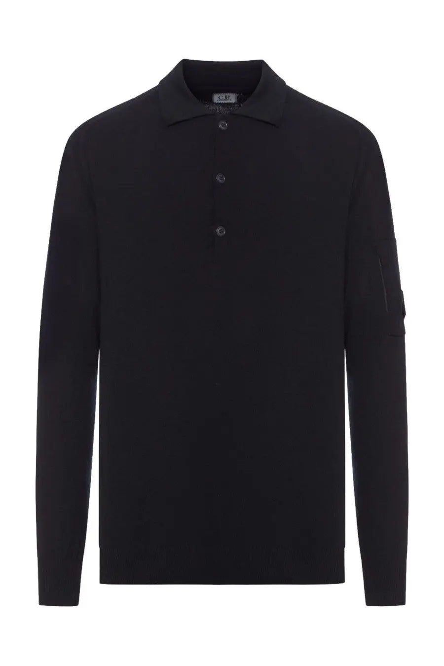 C.P. Company men’s black wool polo with long sleeves, classic collar, three buttons, and subtle textured knit fabric