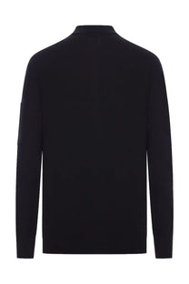C.p. company men’s black wool polo shirt with long sleeves ribbed collar and subtle seam detail