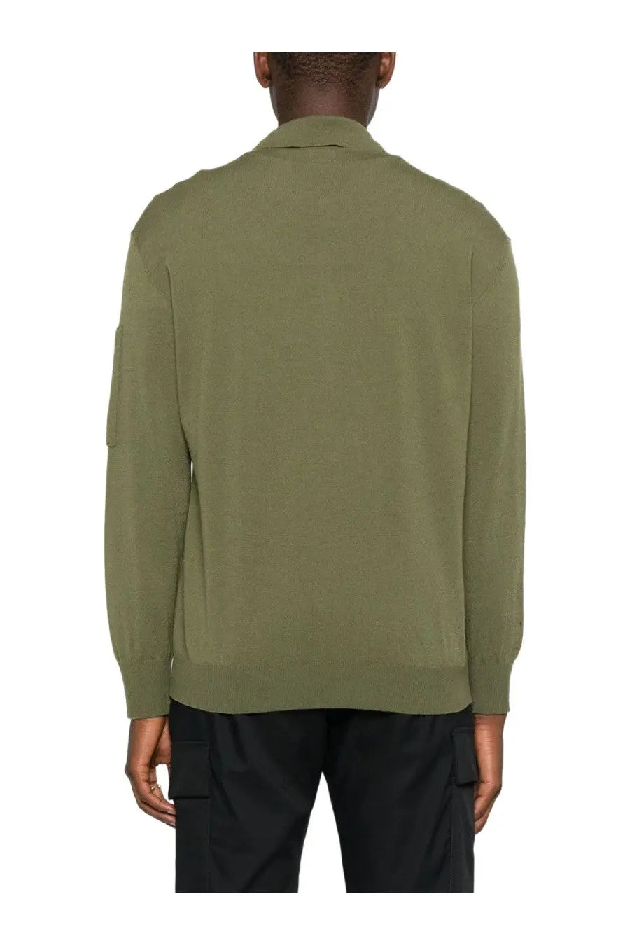 Olive green c.p. company men’s wool polo jacket with long sleeves collar and subtle seam detailing