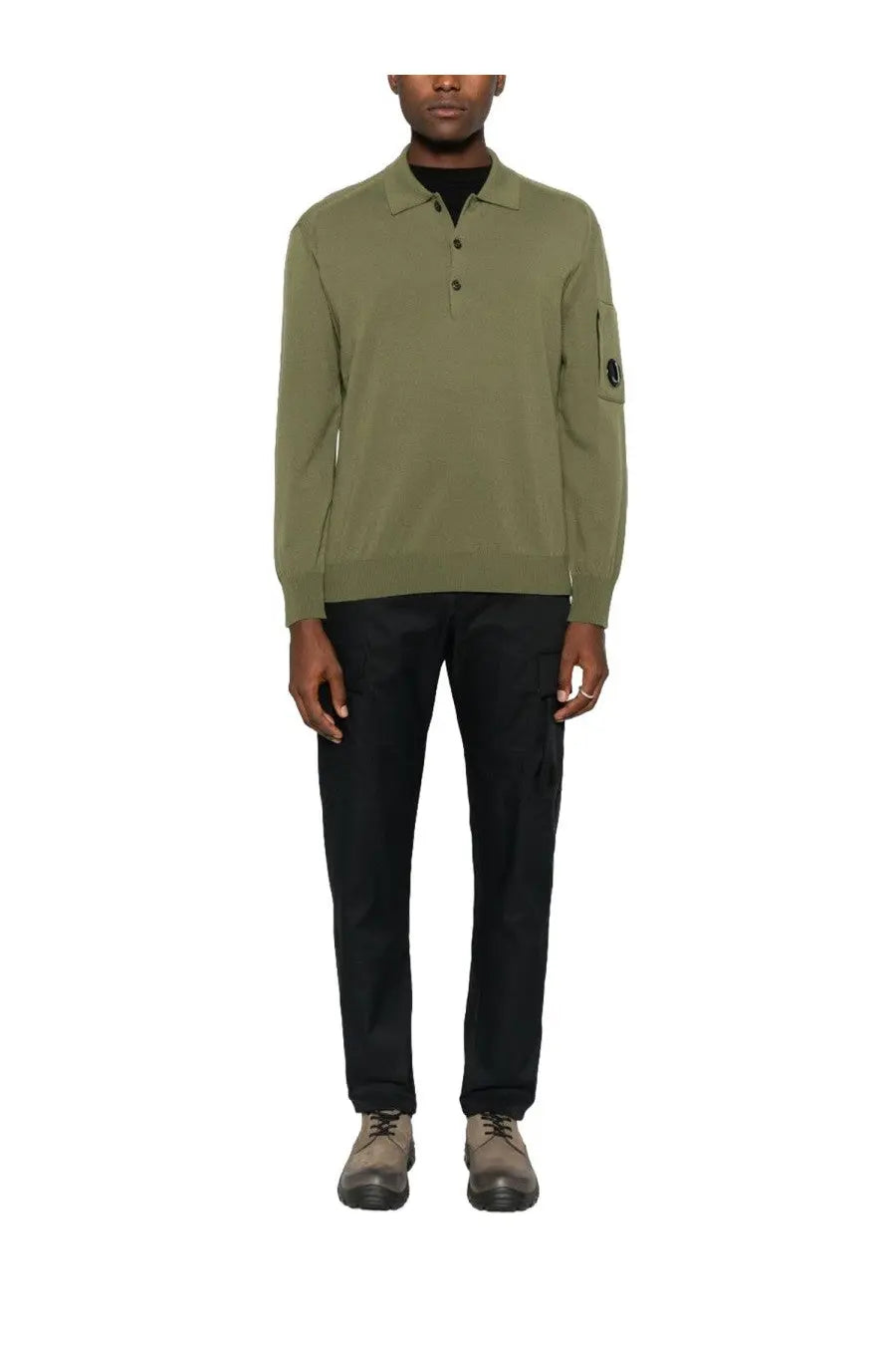 C.P. Company men’s olive green wool long-sleeved polo shirt with buttoned placket and black logo patch on sleeve