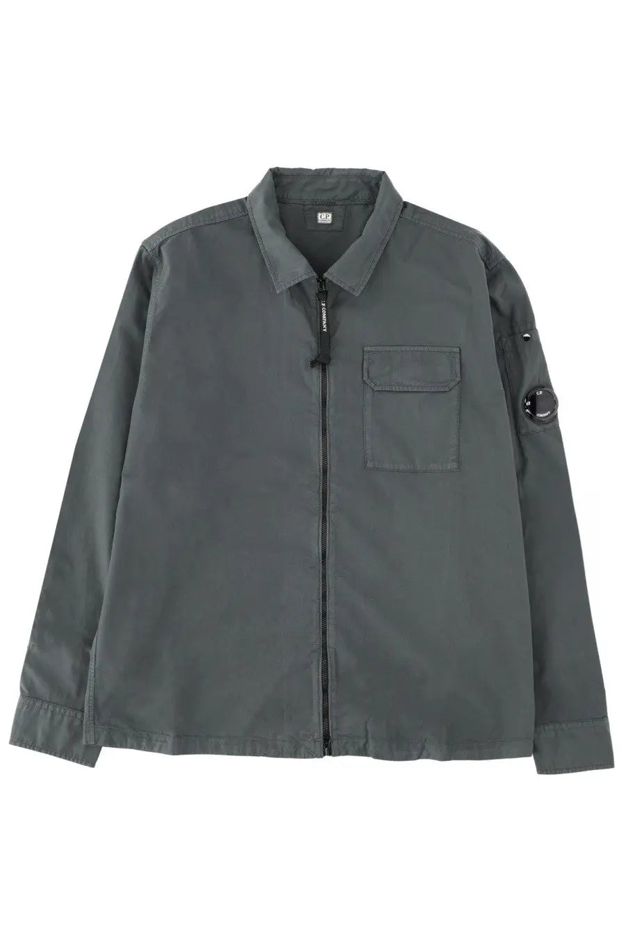 Dark gray long-sleeved utility jacket with front zipper and chest pocket in C.P. Company men’s zippered overshirt grey