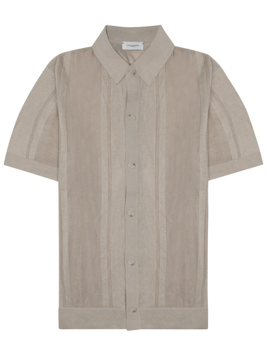 Paolo Pecora Milano Men's Camicia in Maglia DI Seta Cotone Beige