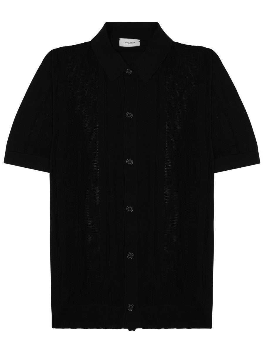 Paolo Pecora Milano Men's Camicia in Maglia DI Seta Cotone Black