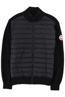 Canada Goose men’s giacca in maglia hybridge black quilted bomber jacket with ribbed collar cuffs and dark gray central panel