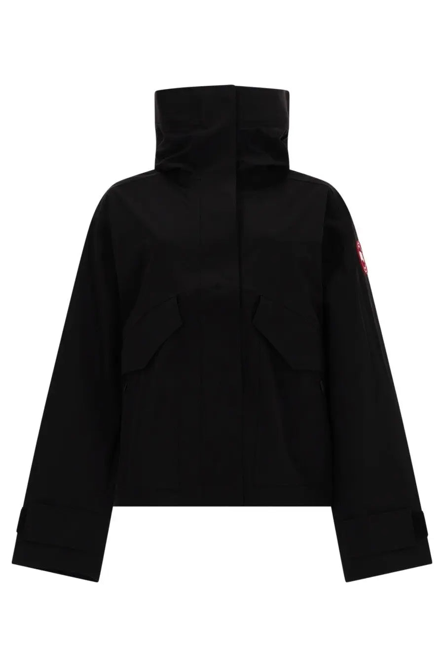 Canada Goose women’s Tofino black jacket with high collar and red logo patch on the sleeve in down material