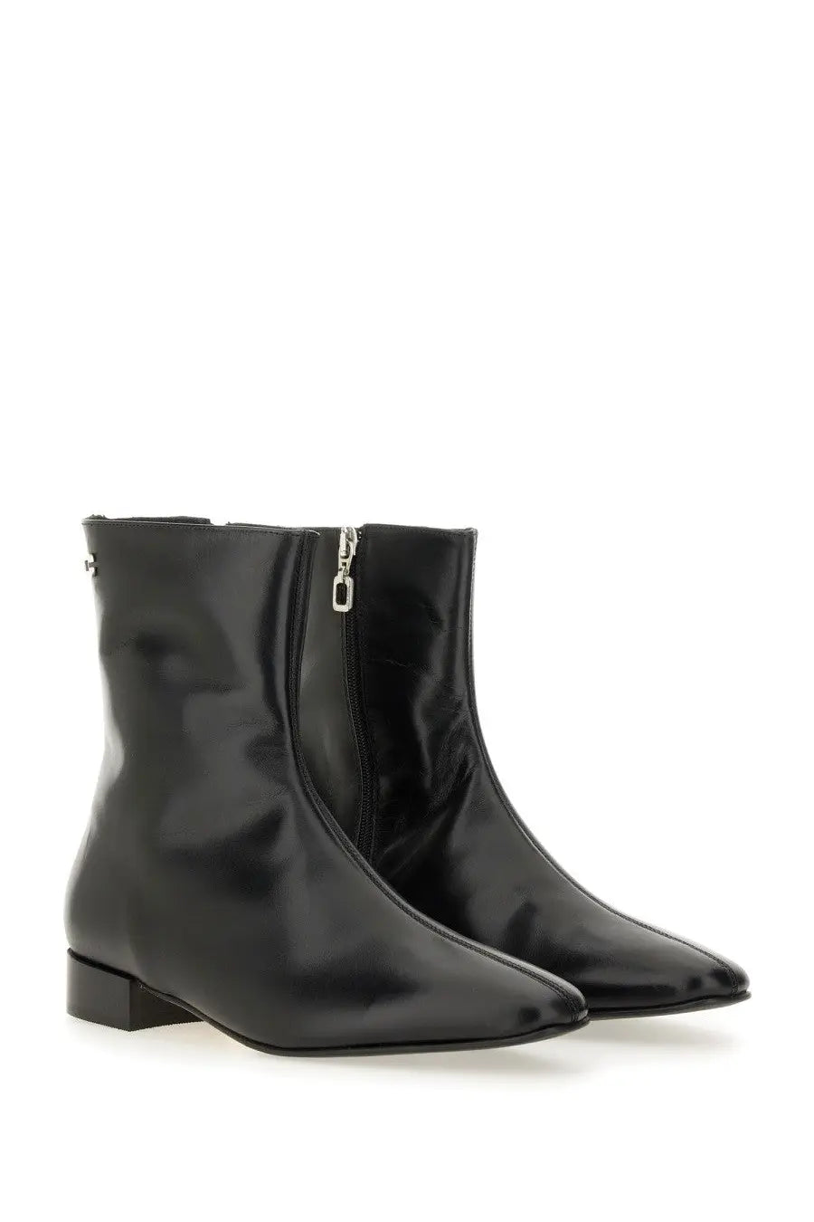 Carel Paris women’s black patent leather ankle boot aiglon with sleek pointed toe and low block heel
