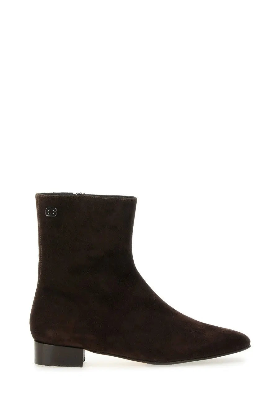 Carel Paris women’s ankle boot aiglon brown dark brown suede low block heel with small metallic logo on side