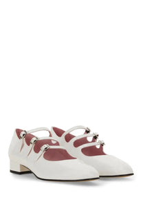 Carel Paris women’s Ariana white patent leather mary jane shoes with silver buckle straps and low block heel