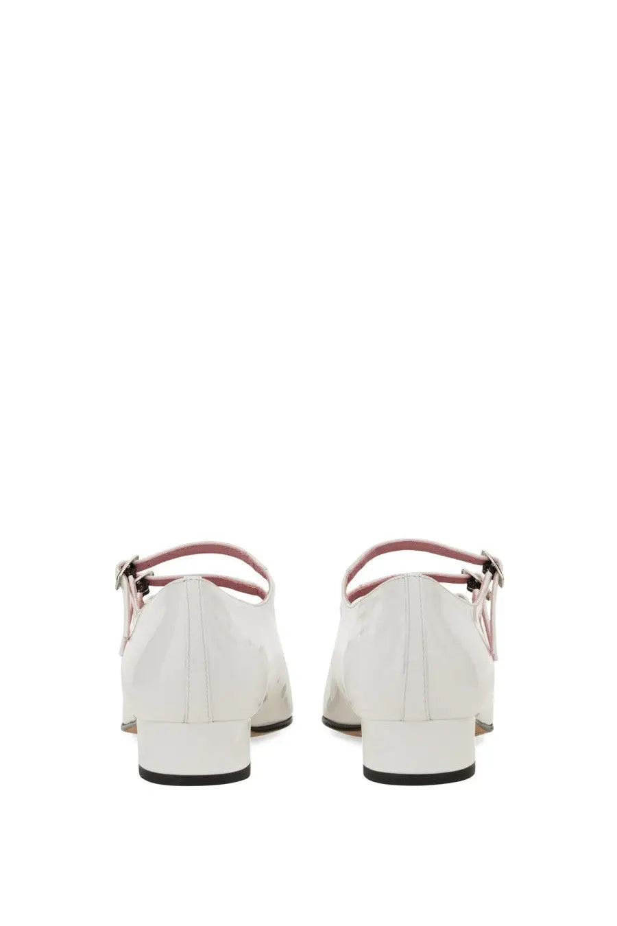 Carel Paris women’s Ariana shoe white patent leather mary jane flats with pink ankle straps and low block heel
