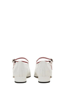 Carel Paris women’s Ariana shoe white patent leather mary jane flats with pink ankle straps and low block heel