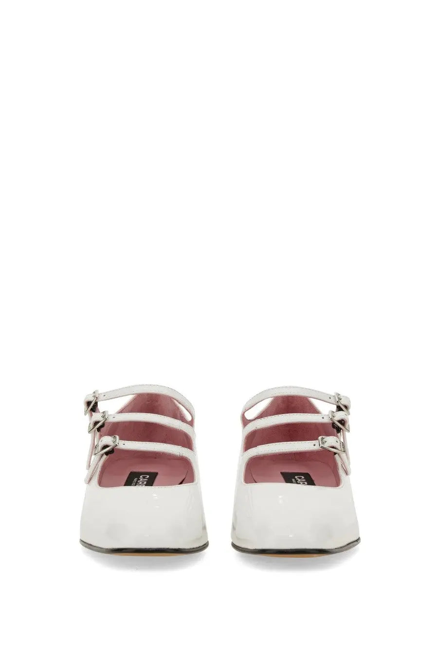 Carel Paris women’s Ariana white patent leather mary jane flats with silver buckle straps and pink insole