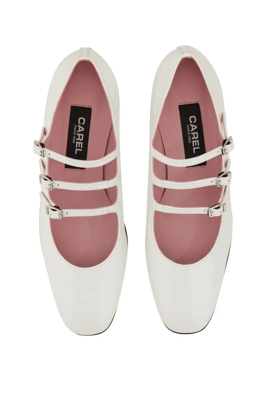 Carel Paris women’s Ariana shoe white patent leather mary jane with three silver buckle straps and pink lining
