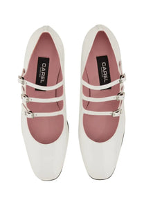 Carel Paris women’s Ariana shoe white patent leather mary jane with three silver buckle straps and pink lining