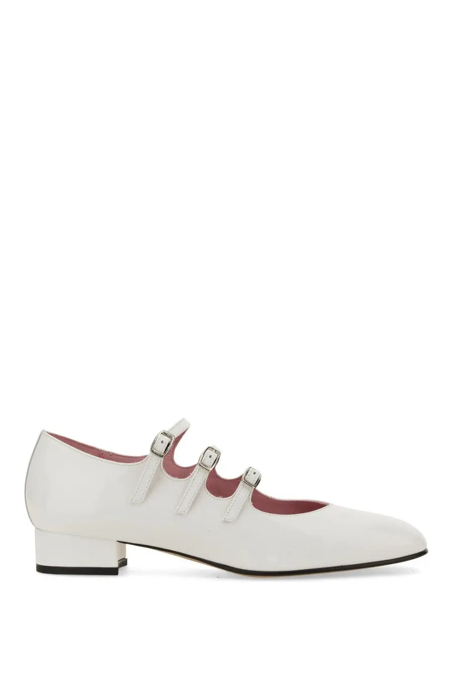 Carel paris women’s ariana shoe white patent leather mary jane with three silver buckle straps and low block heel