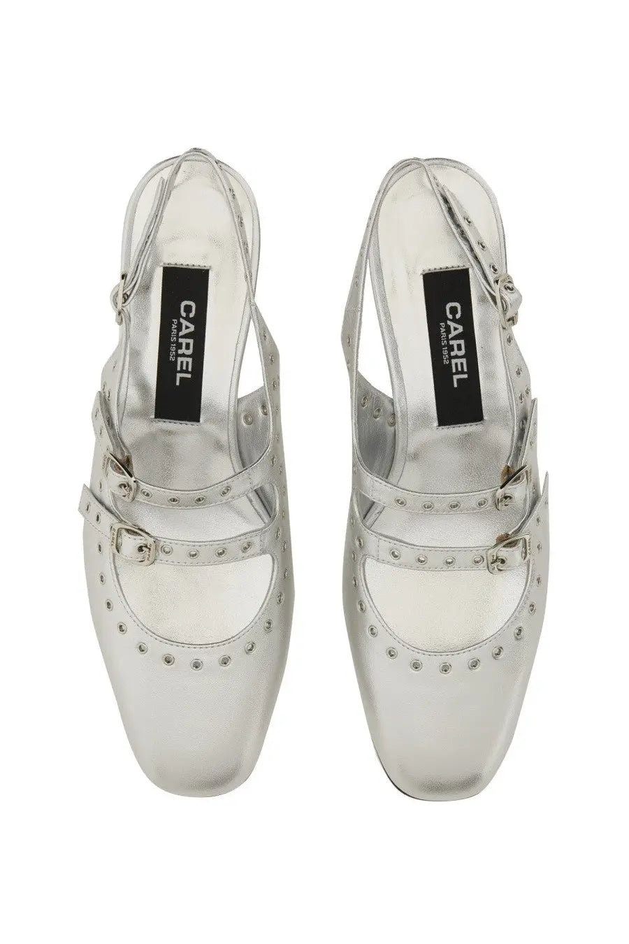 Carel Paris women’s silver metallic mary jane slingback pumps with double buckle straps and stud detailing