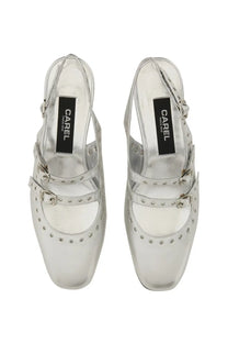 Carel Paris women’s silver metallic mary jane slingback pumps with double buckle straps and stud detailing