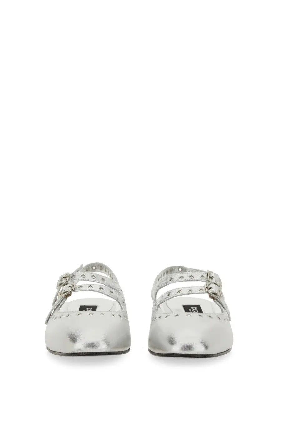 Carel Paris women’s silver metallic mary jane slingback flats with decorative studs and buckle straps