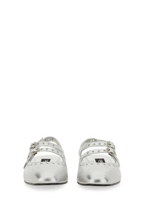 Carel Paris women’s silver metallic mary jane slingback flats with decorative studs and buckle straps