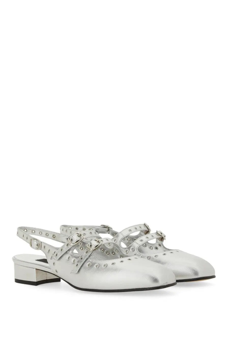 Carel Paris women’s mary jane slingback queen silver flats with silver metallic material decorative studs and low block heel