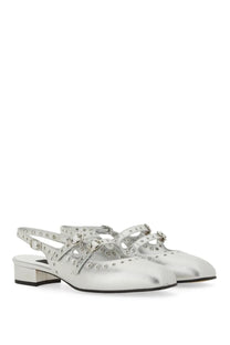 Carel Paris women’s mary jane slingback queen silver flats with silver metallic material decorative studs and low block heel
