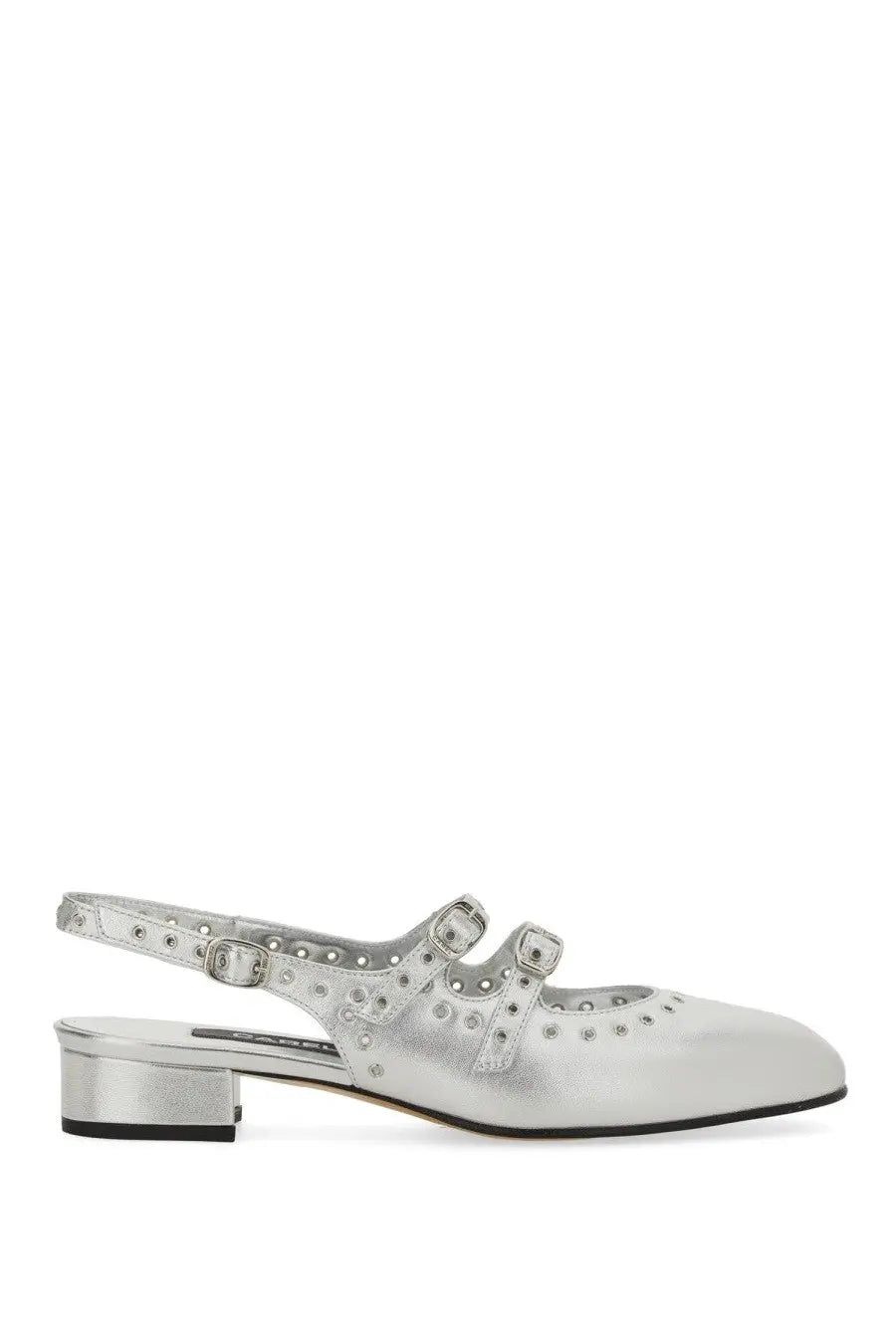 Carel Paris women’s silver metallic leather mary jane slingback sandal with two buckle straps and perforated detailing