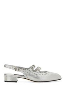 Carel Paris women’s silver metallic leather mary jane slingback sandal with two buckle straps and perforated detailing
