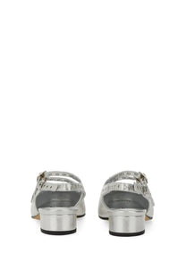 Carel paris women’s mary jane slingback queen silver metallic sandals with block heel and decorative straps