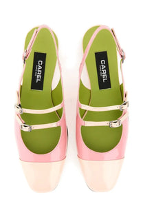 Pink and cream two-tone patent leather mary jane flats with silver buckle straps carel paris women’s pump abricot blue