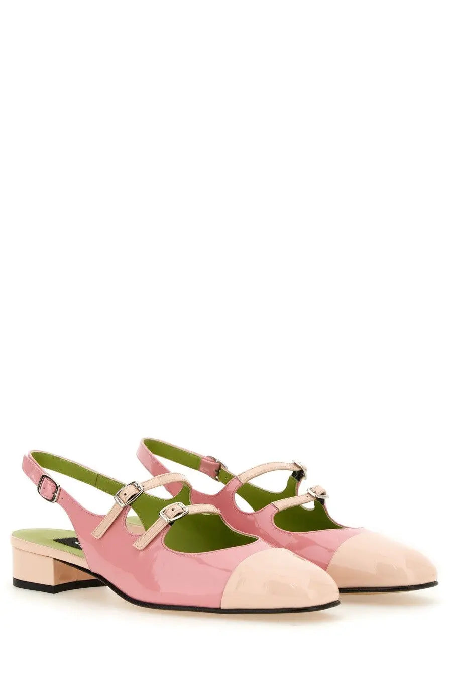 Carel Paris women’s pump abricot blue pink patent leather mary jane sandals with green interior and dual buckle straps