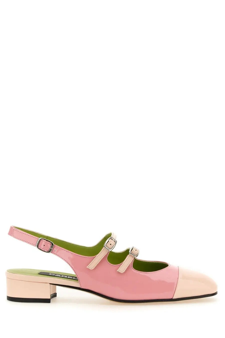 Carel Paris women’s pump abricot blue pink patent leather mary jane sandal with lime green interior and beige ankle strap
