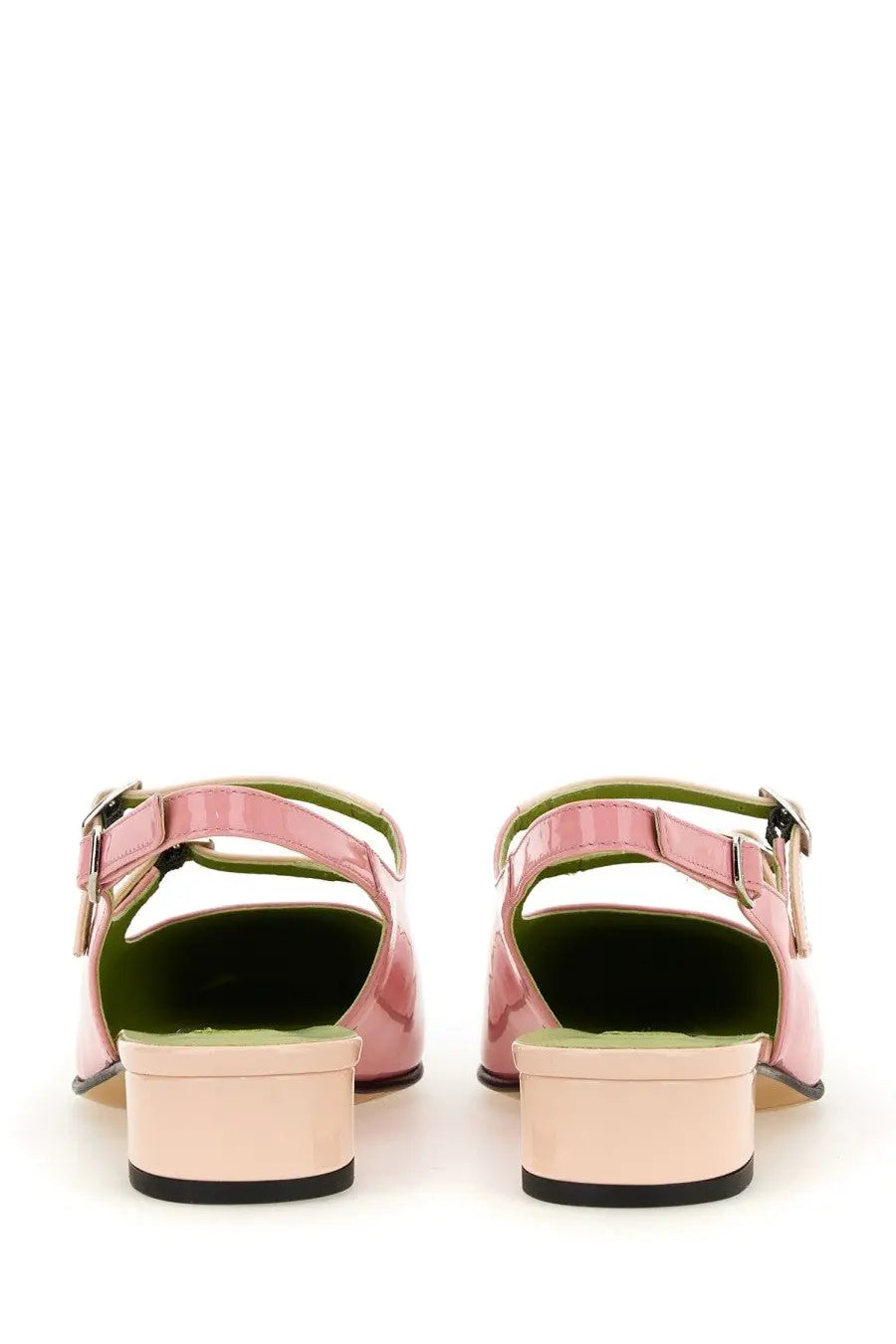 Pink patent leather slingback flats with green interior and beige block heels from Carel Paris women’s pump Abricot Blue collection