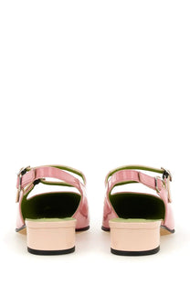 Pink patent leather slingback flats with green interior and beige block heels from Carel Paris women’s pump Abricot Blue collection