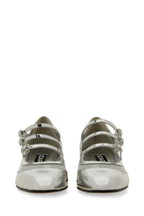 Carel Paris women’s pump kinight silver silver metallic mary jane flats with three adjustable straps and glossy finish