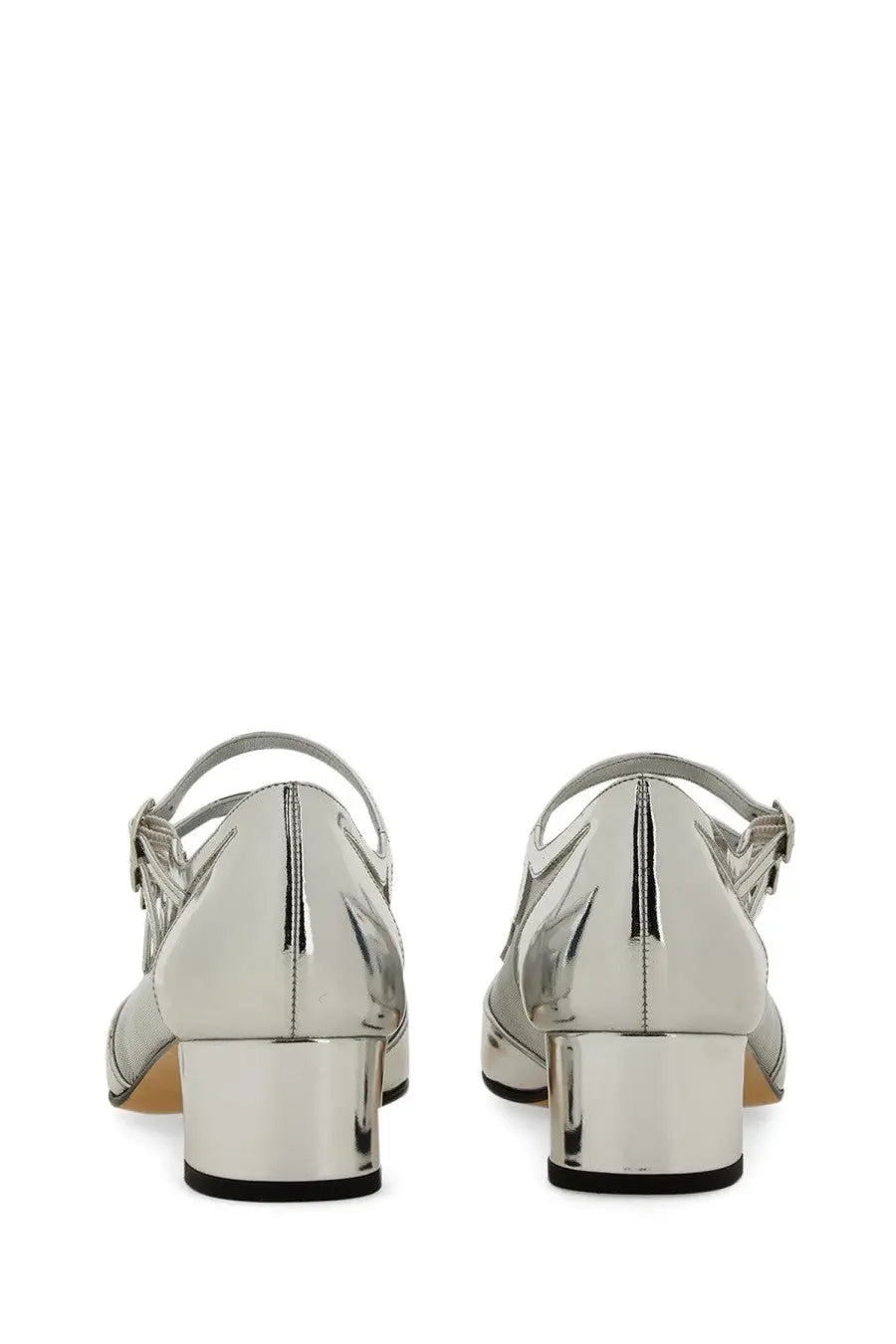 Carel Paris women’s silver metallic patent leather mary jane pump with block heel and ankle strap