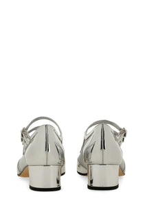 Carel Paris women’s silver metallic patent leather mary jane pump with block heel and ankle strap
