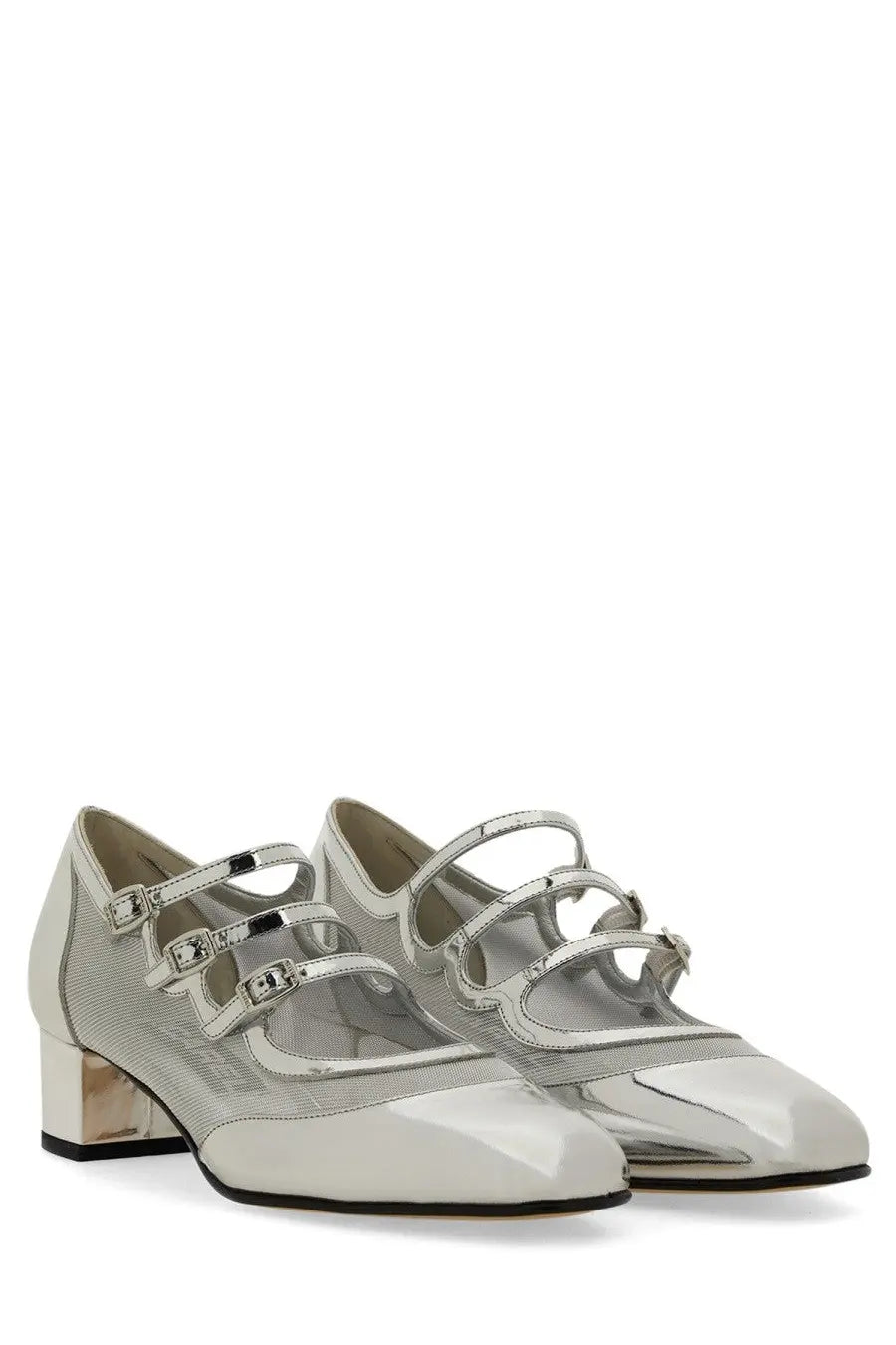 Carel Paris women’s pump kinight silver mary jane shoes in silver patent leather and mesh with metallic buckle straps