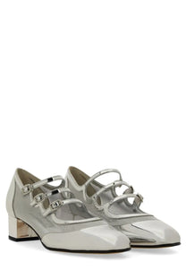 Carel Paris women’s pump kinight silver mary jane shoes in silver patent leather and mesh with metallic buckle straps