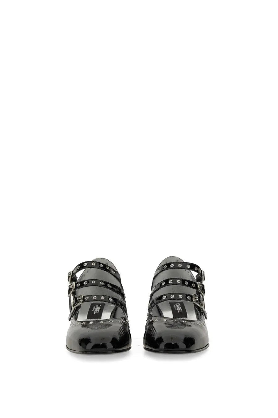 Carel Paris women’s pump mary jane camden black patent leather shoes with silver studs and buckle details