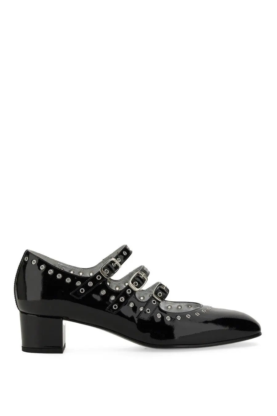 Carel Paris women’s pump mary jane Camden black patent leather shoe with silver toned studs and buckle straps