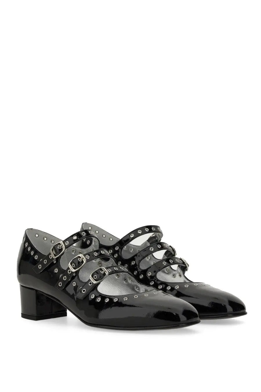Carel Paris women’s pump mary jane black patent leather shoes with silver buckle straps and stud detailing
