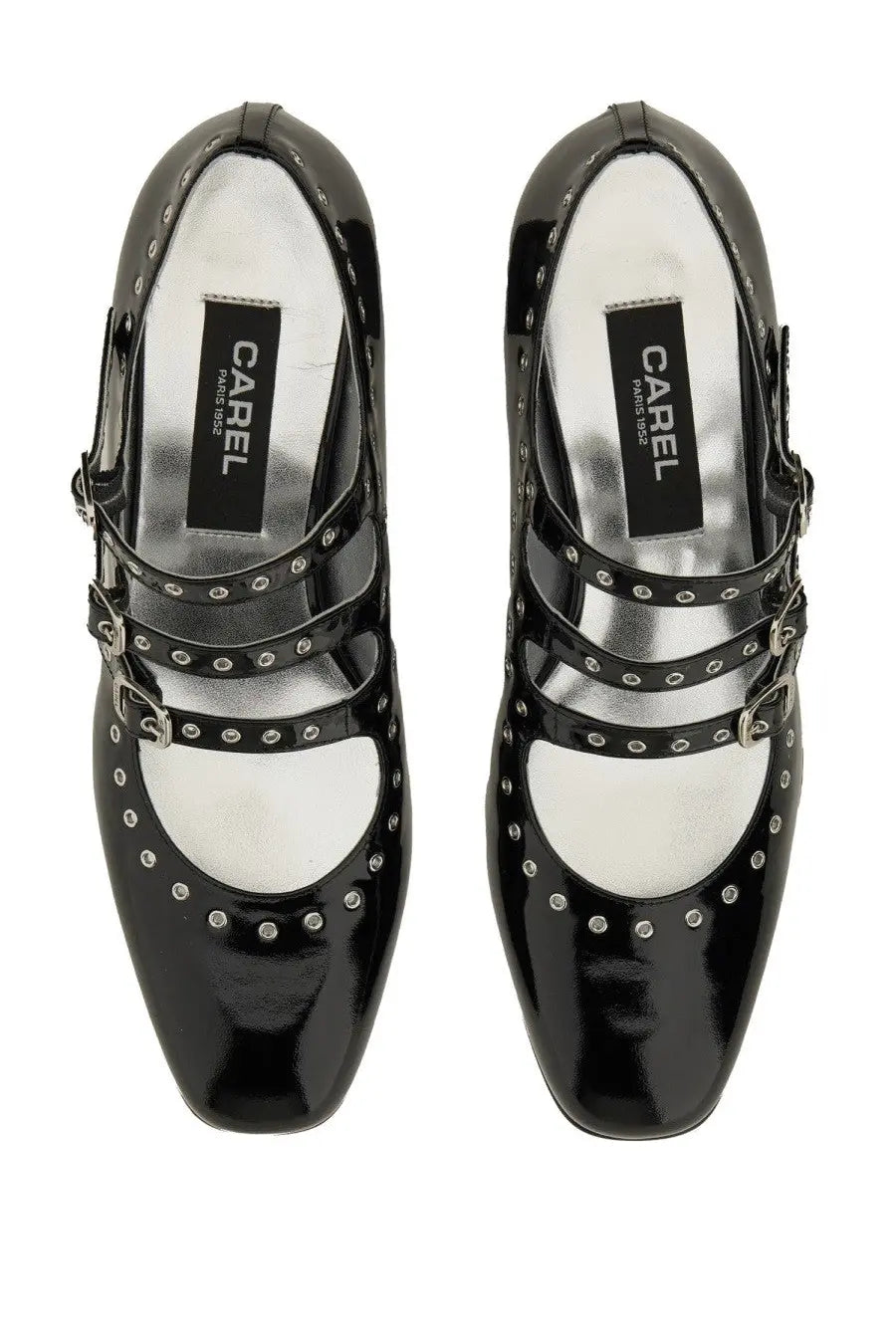 Carel Paris women’s pump mary jane Camden black with glossy patent leather silver studs buckle straps and white insole