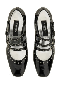 Carel Paris women’s pump mary jane Camden black with glossy patent leather silver studs buckle straps and white insole
