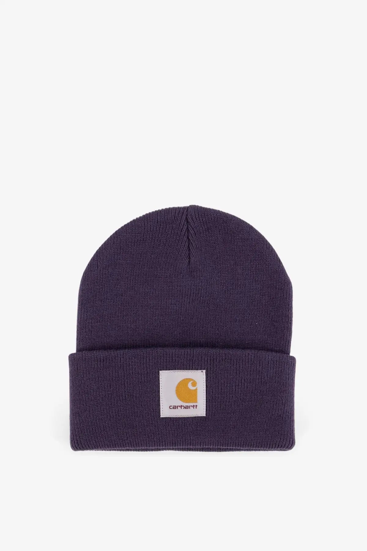 Purple Carhartt Wip men’s acrylic knit beanie with folded cuff and white logo patch featuring orange shield emblem