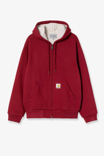Carhartt Wip men’s active sweat cotton blend jacket in rich red with cream interior lining and yellow logo patch