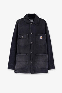 Carhartt Wip men’s Aden black denim jacket with black Carhartt work jacket design featuring four pockets and classic collar