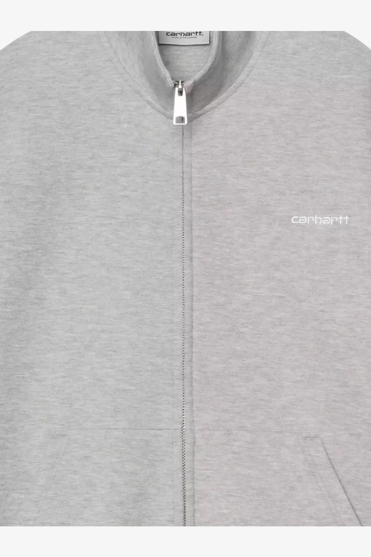 Carhartt wip men’s alda cotton blend sweatshirt in gray heather with white embroidered logo and silver zipper