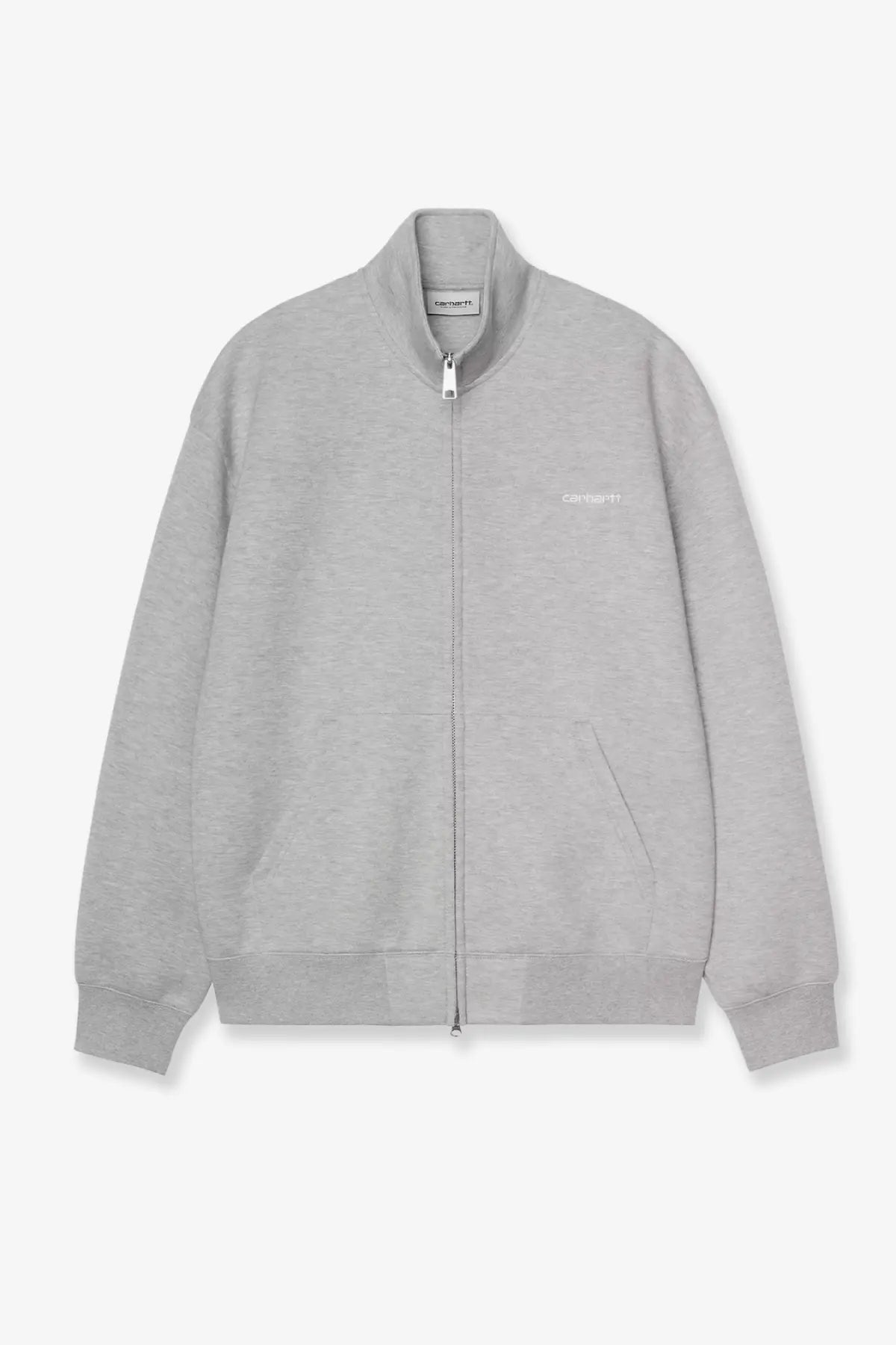 Carhartt Wip men’s heather gray cotton blend zip-up sweatshirt with subtle white embroidered logo on left chest