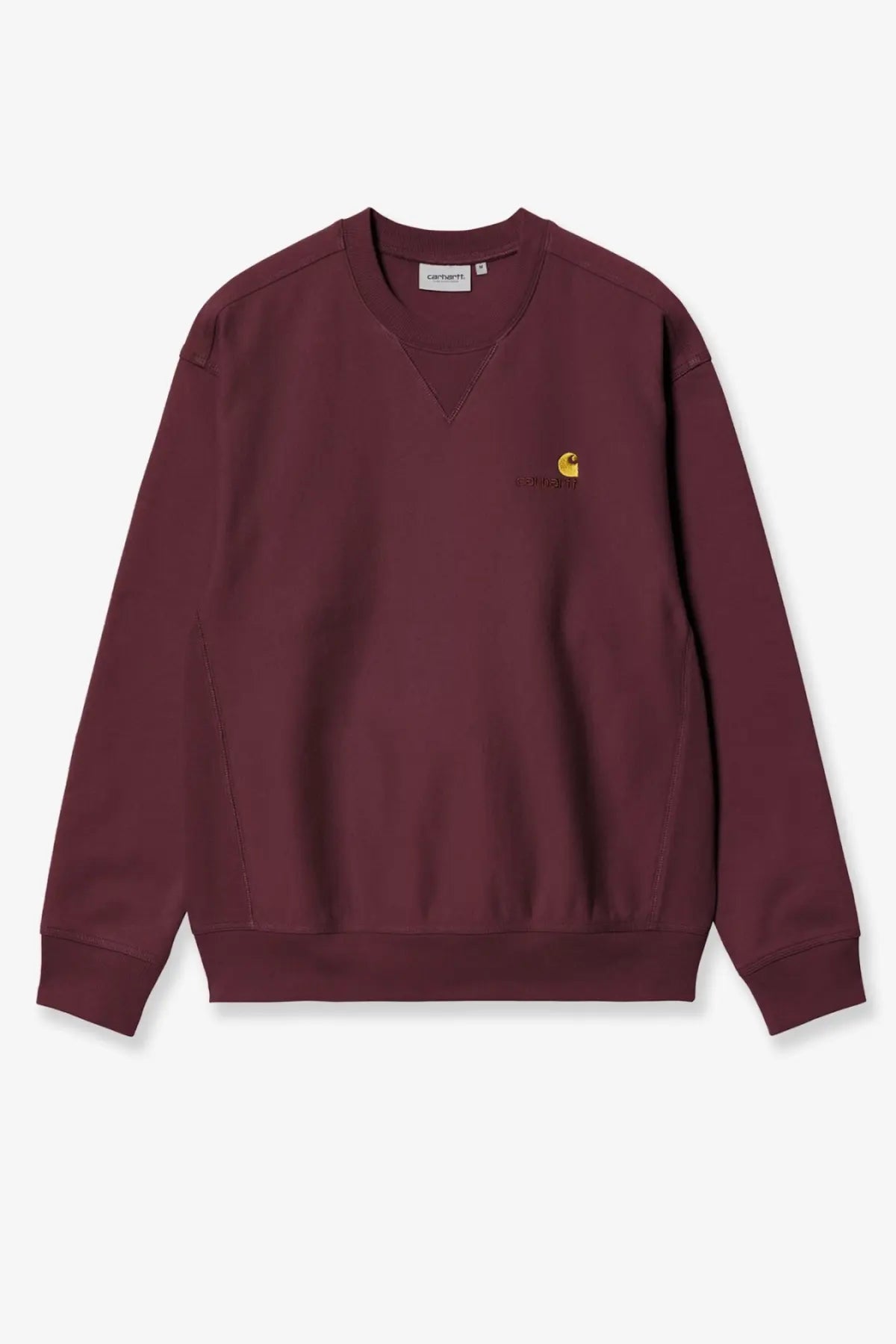 Maroon Carhartt Wip men’s American script cotton sweatshirt with yellow embroidered logo on the chest